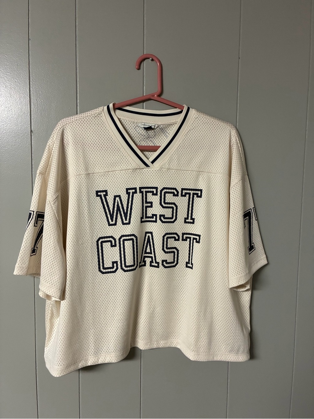 American Eagle Outfitters Cream Mesh 'West Coast' Jersey with Black Trim